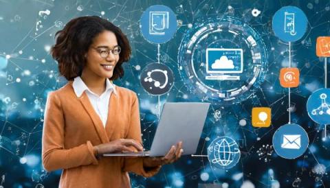 AI image created with Firefly AI picture of a woman holding a laptop on a blue background with computerized icons floating around her